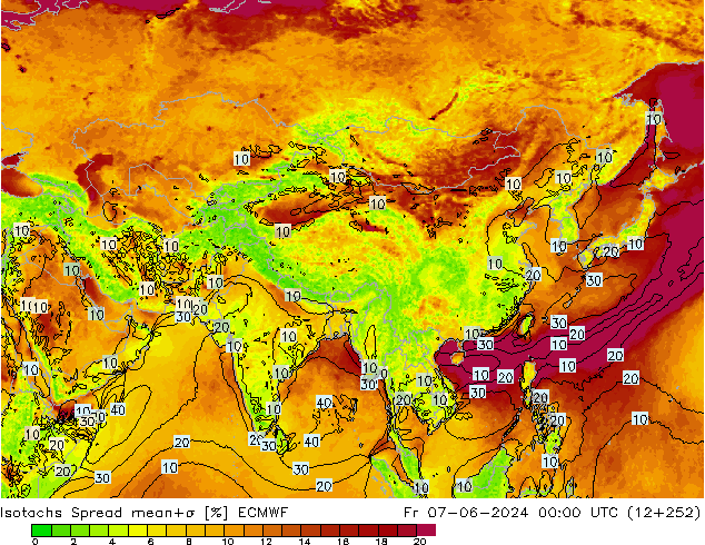 Isotachs Spread ECMWF ven 07.06.2024 00 UTC