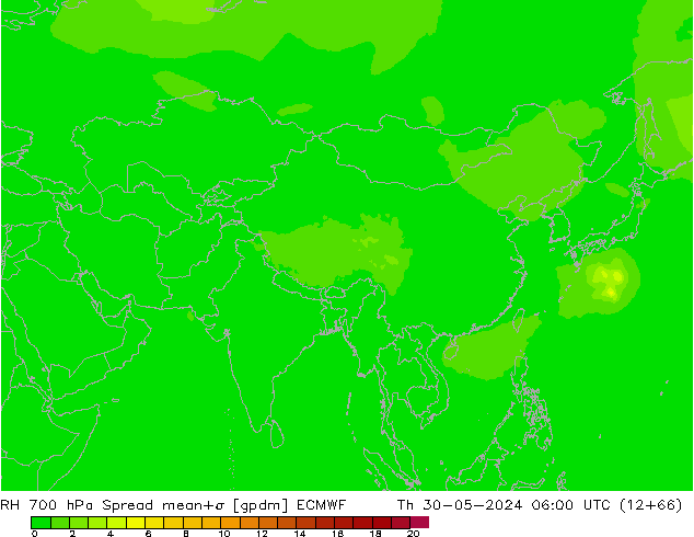 RH 700 hPa Spread ECMWF czw. 30.05.2024 06 UTC