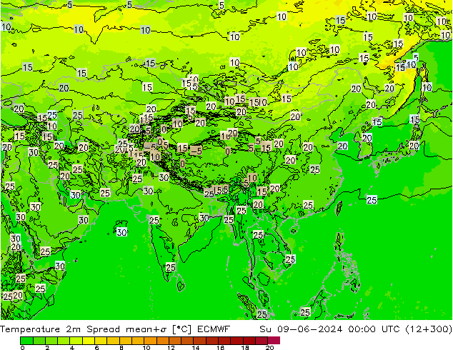 карта температуры Spread ECMWF Вс 09.06.2024 00 UTC