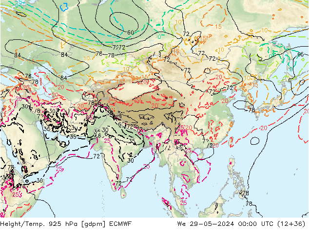 Hoogte/Temp. 925 hPa ECMWF wo 29.05.2024 00 UTC