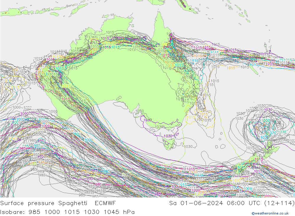 Bodendruck Spaghetti ECMWF Sa 01.06.2024 06 UTC