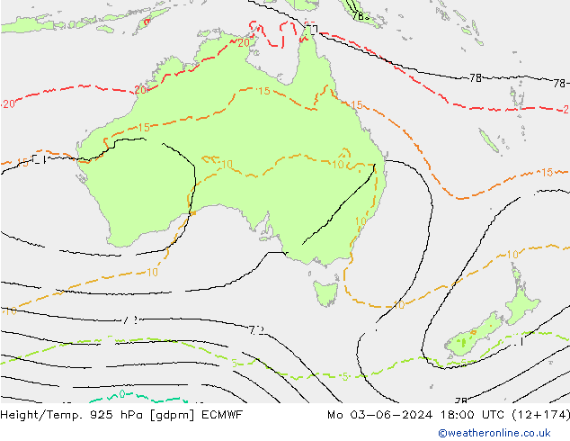 Height/Temp. 925 hPa ECMWF Mo 03.06.2024 18 UTC