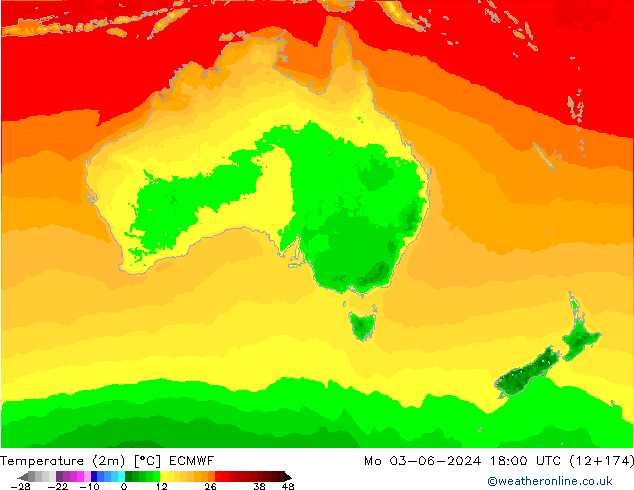 mapa temperatury (2m) ECMWF pon. 03.06.2024 18 UTC