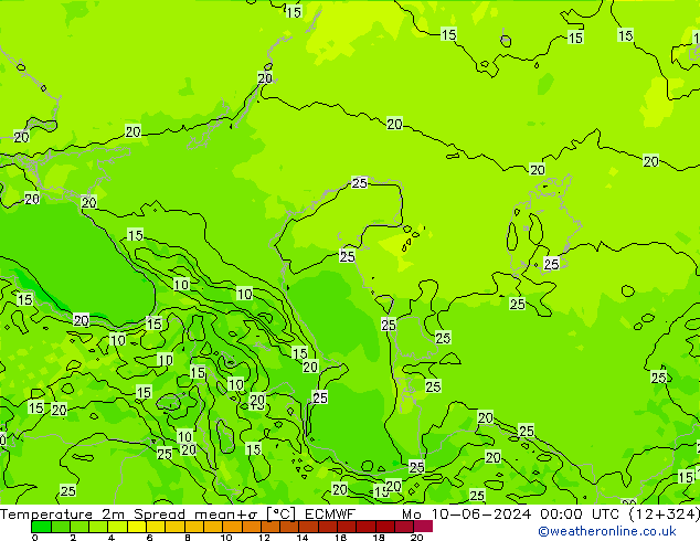 Temperatura 2m Spread ECMWF lun 10.06.2024 00 UTC