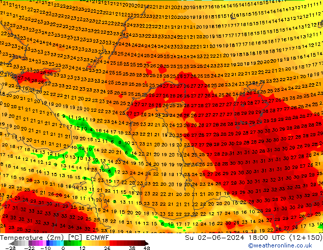 Temperatura (2m) ECMWF dom 02.06.2024 18 UTC