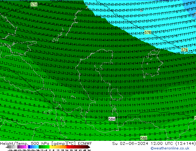 Height/Temp. 500 hPa ECMWF Su 02.06.2024 12 UTC