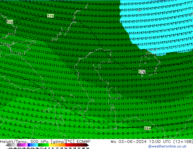 Height/Temp. 500 hPa ECMWF Seg 03.06.2024 12 UTC