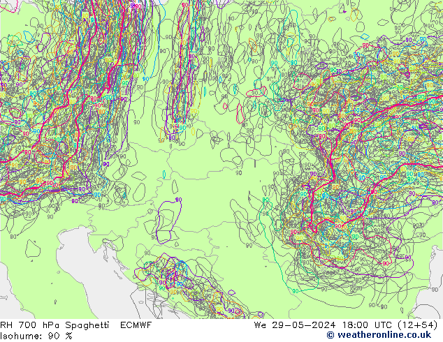 Humedad rel. 700hPa Spaghetti ECMWF mié 29.05.2024 18 UTC