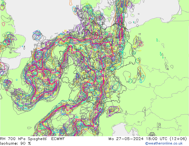 RH 700 hPa Spaghetti ECMWF lun 27.05.2024 18 UTC