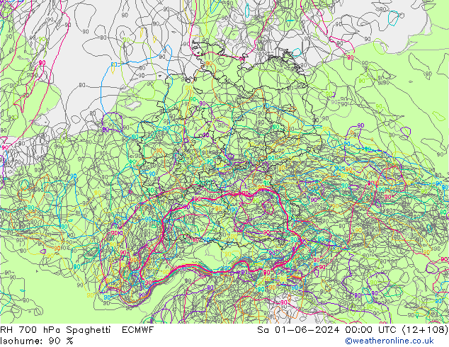 RH 700 hPa Spaghetti ECMWF Sa 01.06.2024 00 UTC