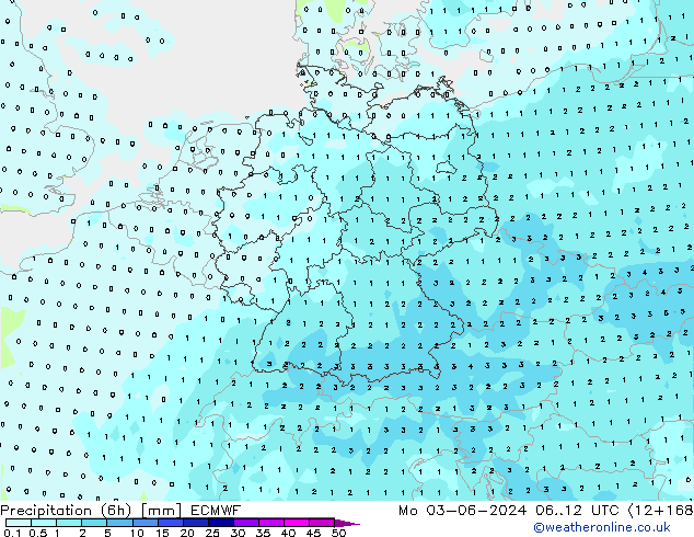 Precipitação (6h) ECMWF Seg 03.06.2024 12 UTC