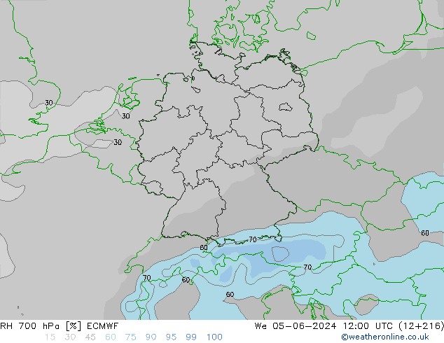 RH 700 hPa ECMWF śro. 05.06.2024 12 UTC