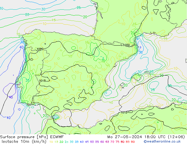 Isotaca (kph) ECMWF lun 27.05.2024 18 UTC