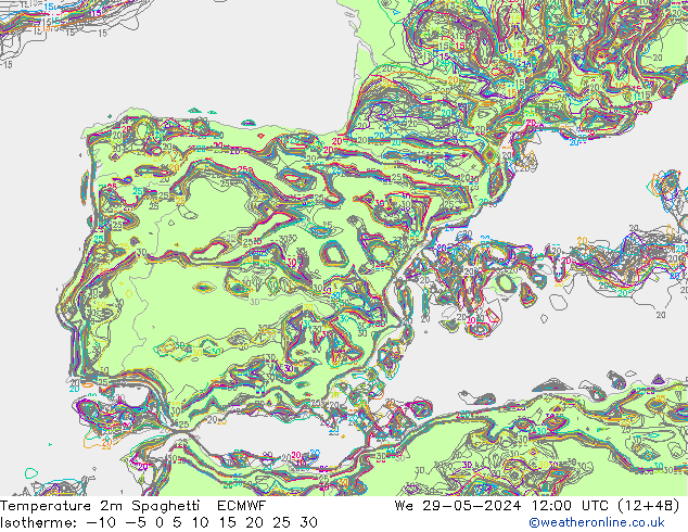 Temperatura 2m Spaghetti ECMWF mer 29.05.2024 12 UTC