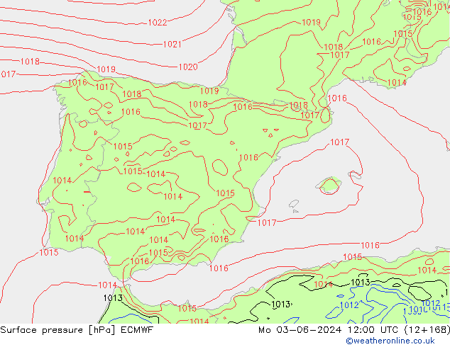 Presión superficial ECMWF lun 03.06.2024 12 UTC