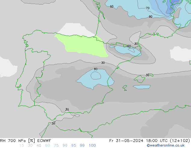 RH 700 hPa ECMWF Sex 31.05.2024 18 UTC