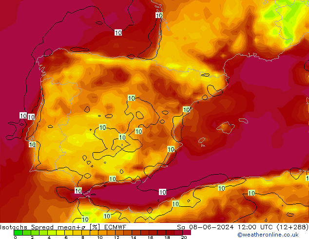 Isotachs Spread ECMWF Sa 08.06.2024 12 UTC