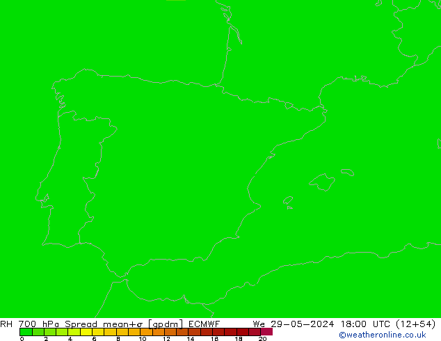 RH 700 hPa Spread ECMWF Qua 29.05.2024 18 UTC