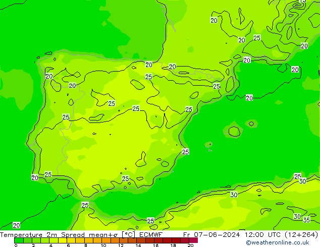 mapa temperatury 2m Spread ECMWF pt. 07.06.2024 12 UTC