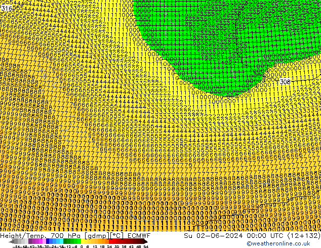 Height/Temp. 700 hPa ECMWF dom 02.06.2024 00 UTC