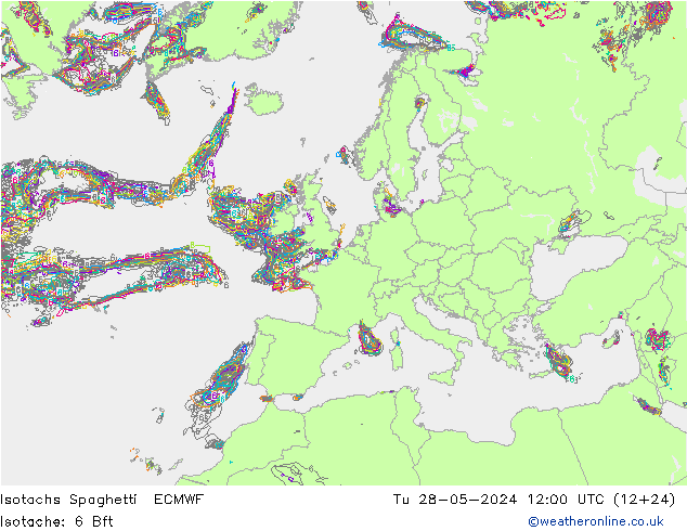 Isotachs Spaghetti ECMWF Út 28.05.2024 12 UTC