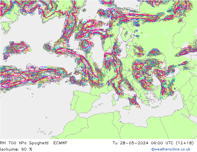 RH 700 hPa Spaghetti ECMWF Tu 28.05.2024 06 UTC