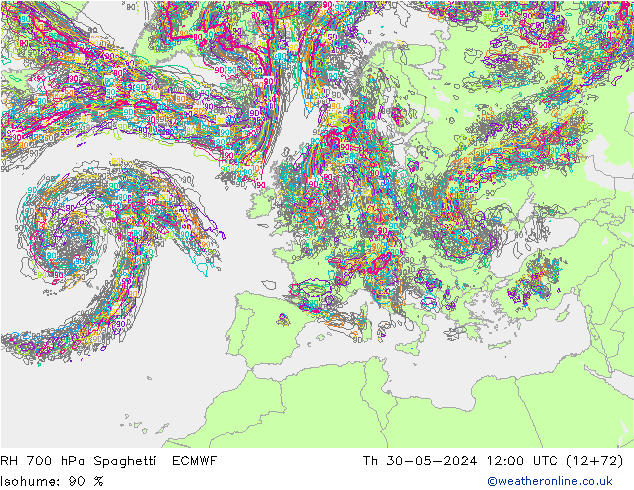 RH 700 hPa Spaghetti ECMWF Čt 30.05.2024 12 UTC