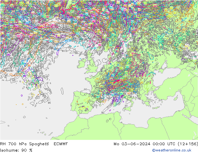 RH 700 гПа Spaghetti ECMWF пн 03.06.2024 00 UTC