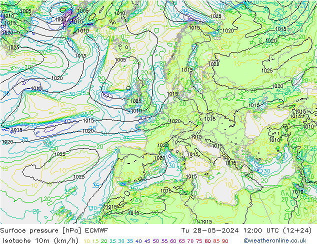 Isotachs (kph) ECMWF Ter 28.05.2024 12 UTC