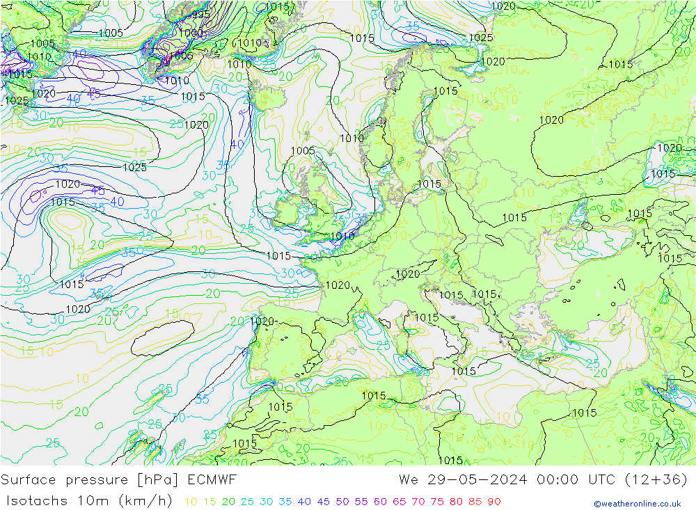 Isotachs (kph) ECMWF Qua 29.05.2024 00 UTC