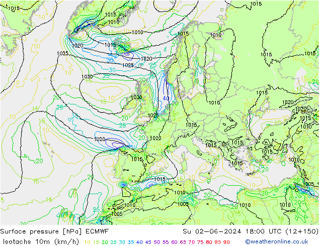 Isotaca (kph) ECMWF dom 02.06.2024 18 UTC