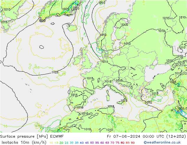 Izotacha (km/godz) ECMWF pt. 07.06.2024 00 UTC