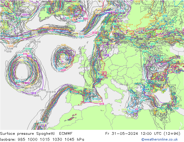 Pressione al suolo Spaghetti ECMWF ven 31.05.2024 12 UTC