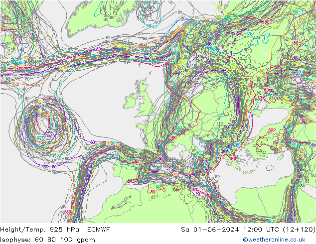 Height/Temp. 925 hPa ECMWF Sáb 01.06.2024 12 UTC