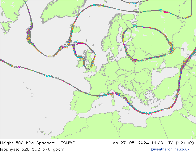 Height 500 hPa Spaghetti ECMWF Mo 27.05.2024 12 UTC