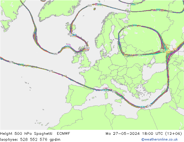 Height 500 hPa Spaghetti ECMWF  27.05.2024 18 UTC