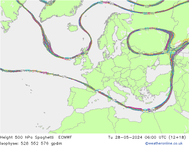 Height 500 hPa Spaghetti ECMWF  28.05.2024 06 UTC