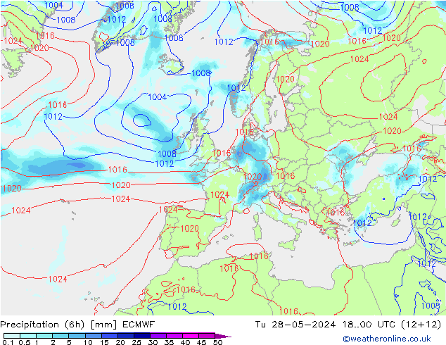 Precipitation (6h) ECMWF Tu 28.05.2024 00 UTC