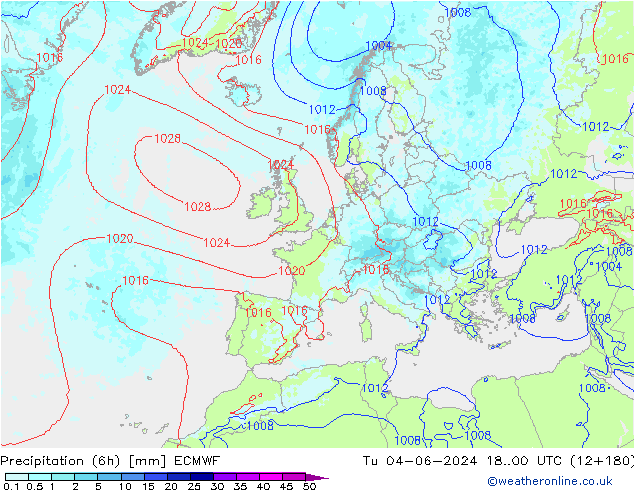 Precipitation (6h) ECMWF Tu 04.06.2024 00 UTC