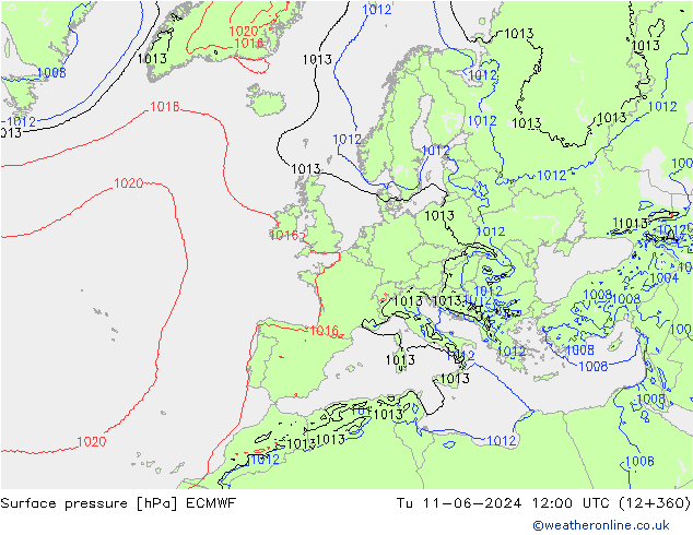 Surface pressure ECMWF Tu 11.06.2024 12 UTC