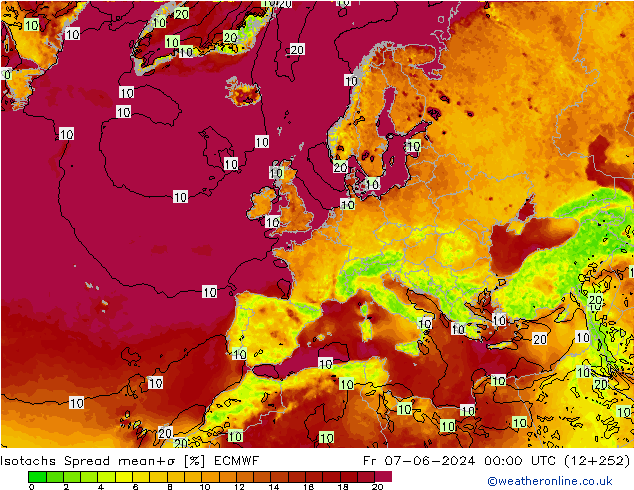 Isotachs Spread ECMWF Pá 07.06.2024 00 UTC