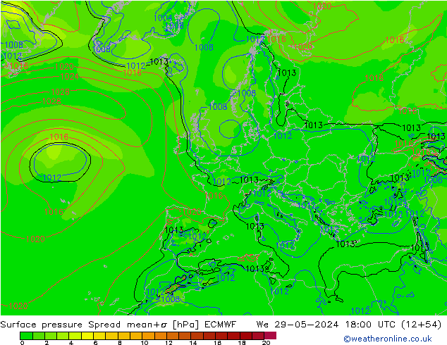 Surface pressure Spread ECMWF We 29.05.2024 18 UTC