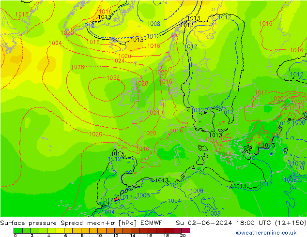 Atmosférický tlak Spread ECMWF Ne 02.06.2024 18 UTC