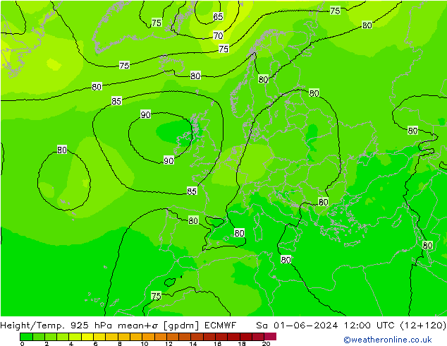 Height/Temp. 925 hPa ECMWF Sa 01.06.2024 12 UTC