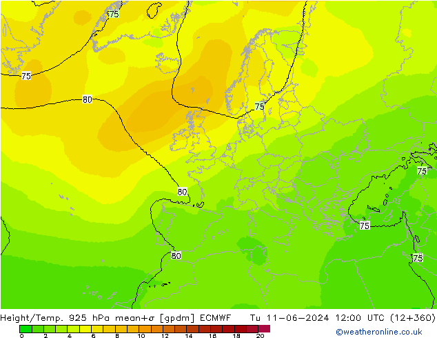 Height/Temp. 925 hPa ECMWF Út 11.06.2024 12 UTC