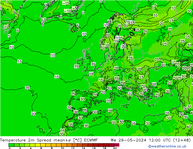 Temperaturkarte Spread ECMWF Mi 29.05.2024 12 UTC