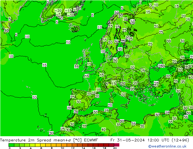 Temperature 2m Spread ECMWF Pá 31.05.2024 12 UTC