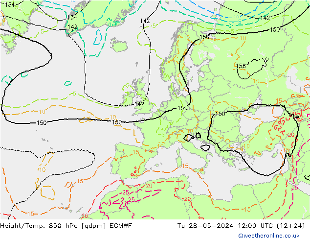 Height/Temp. 850 hPa ECMWF Út 28.05.2024 12 UTC