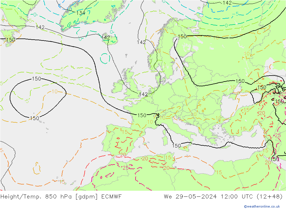 Height/Temp. 850 hPa ECMWF mer 29.05.2024 12 UTC