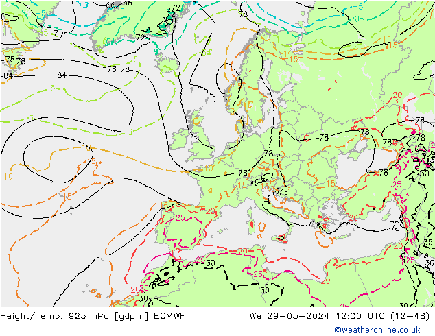 Height/Temp. 925 hPa ECMWF mer 29.05.2024 12 UTC